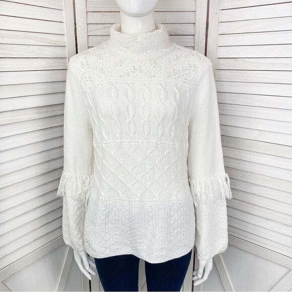 White House Black Market Boho Fringe Sleeve Mock Neck Sweater White Medium - Picture 1 of 12